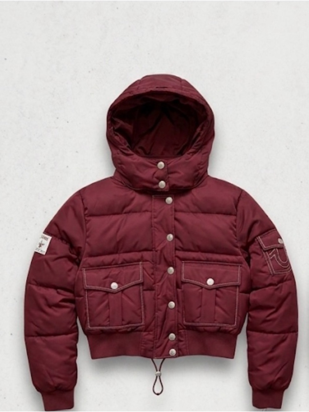 True Religion Womens Burgundy Hooded Puffer Jacket